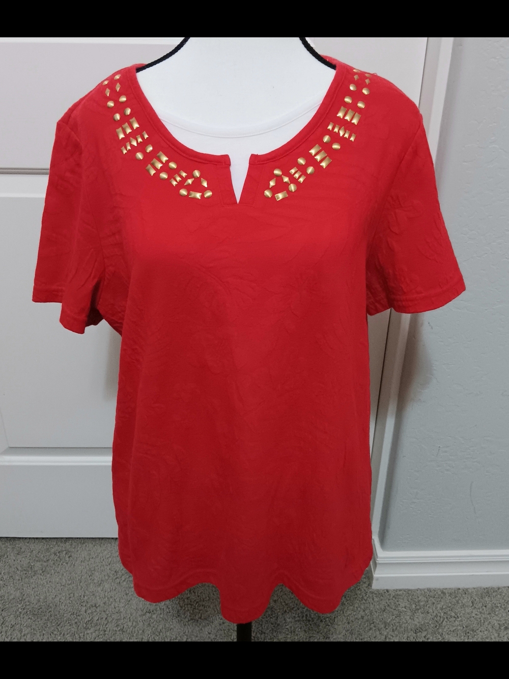Breckenridge Red Short Sleeve Top with Gold Stud Neckline